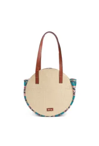 Beige with Blue Jacquard Circular Tote Bag image 3