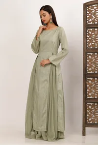 Pista Green Front Slit Chanderi Kurta image 2