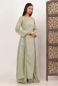 Pista Green Front Slit Chanderi Kurta image 3