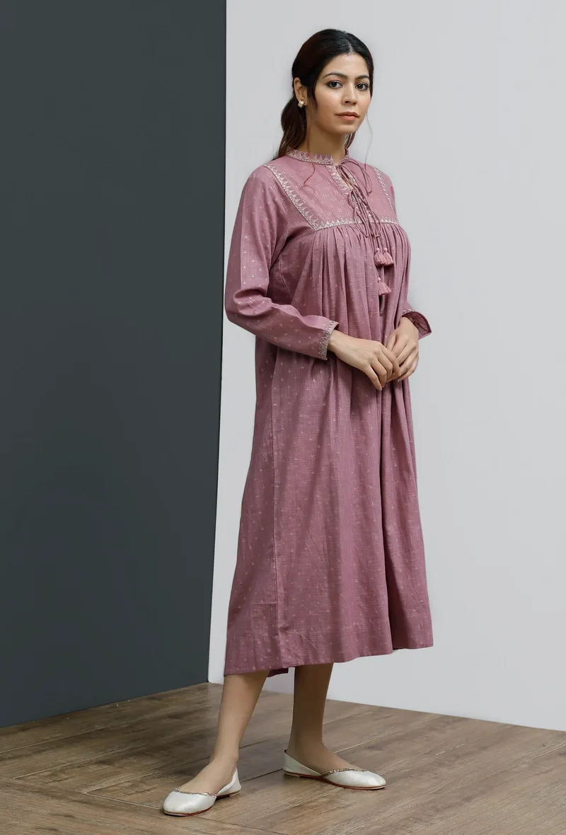 Onion Pink Hand-Block Printed Front Tie Gathered Dress