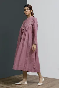 Onion Pink Hand-Block Printed Front Tie Gathered Dress image 2