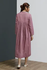 Onion Pink Hand-Block Printed Front Tie Gathered Dress image 3