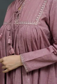 Onion Pink Hand-Block Printed Front Tie Gathered Dress image 4