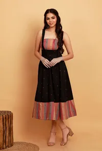 Black Woven Booti Tie Up Cotton Dress image 1