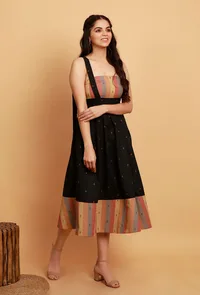 Black Woven Booti Tie Up Cotton Dress image 2