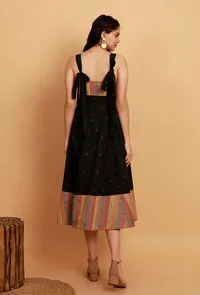 Black Woven Booti Tie Up Cotton Dress image 4