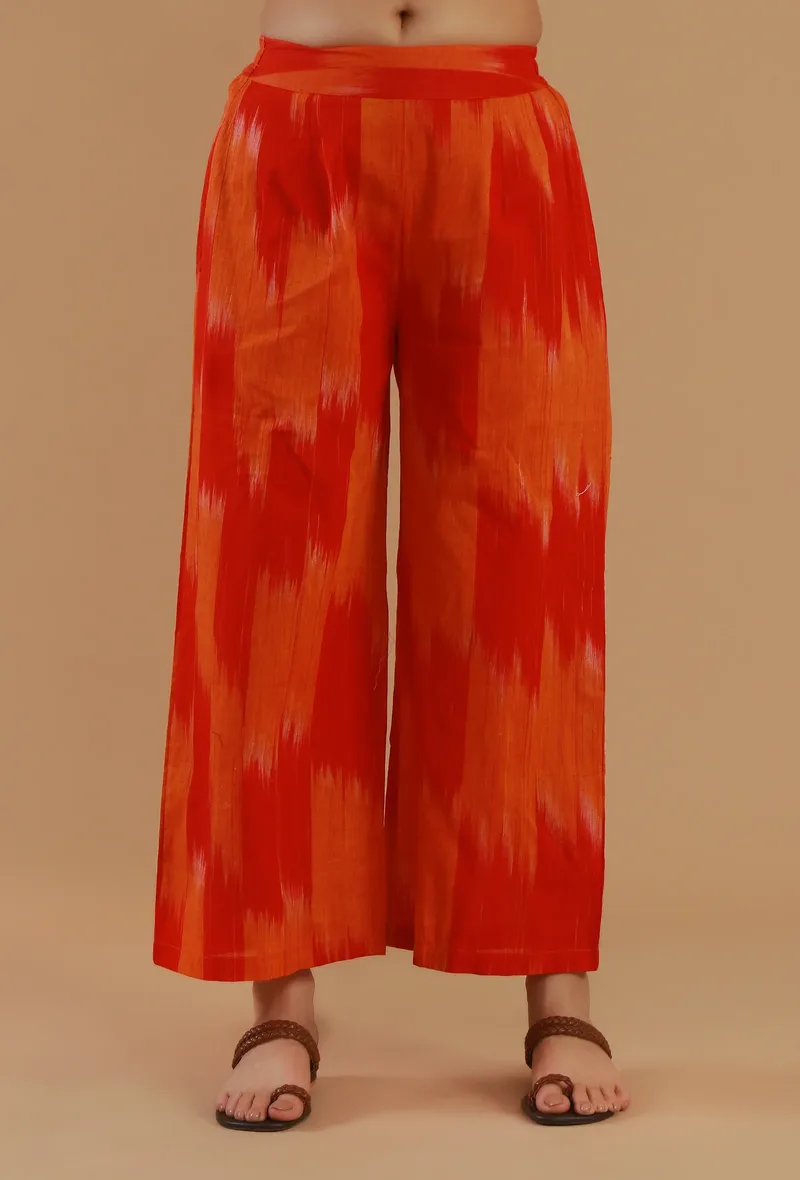 Orange Ikat Wide-Leg Cotton Pant