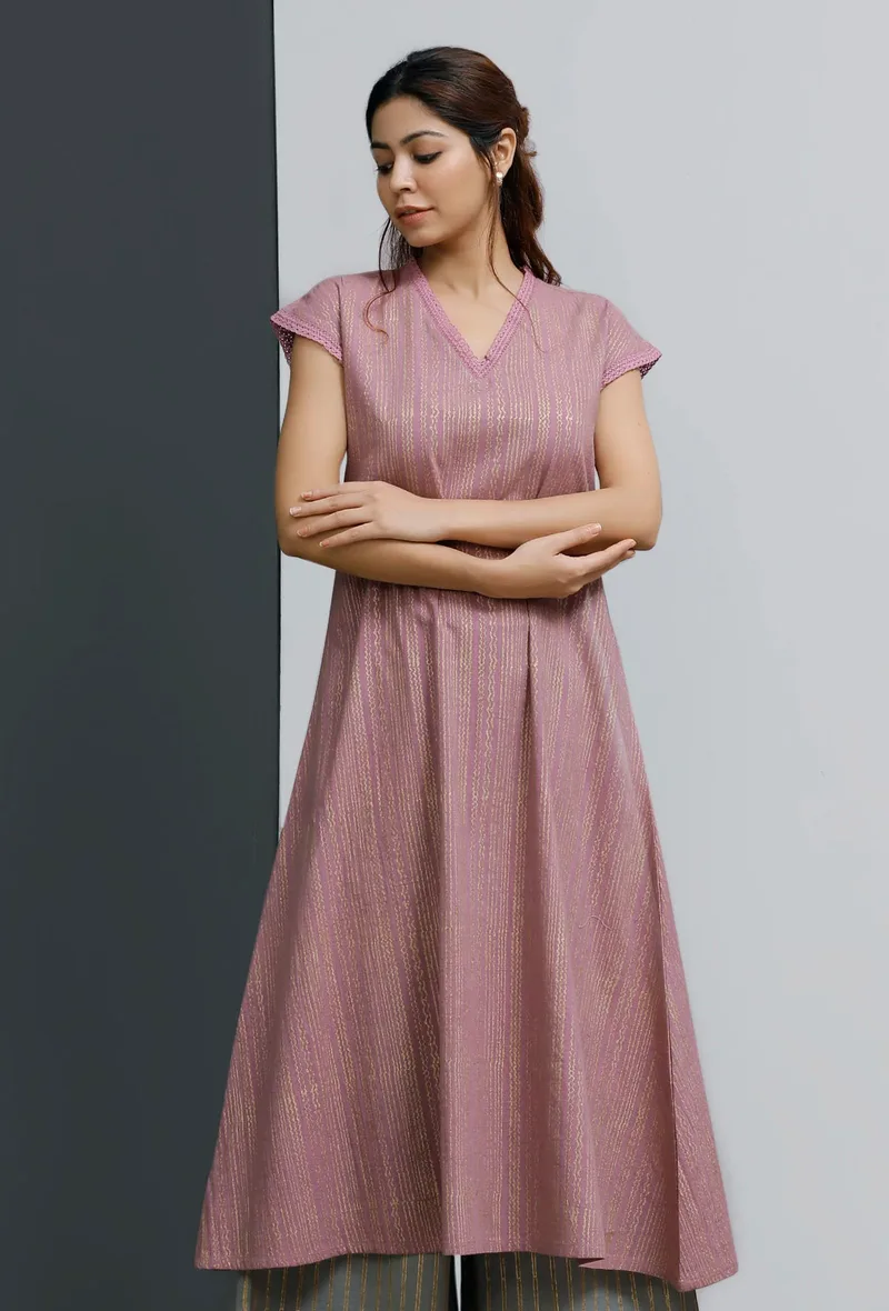 Onion Pink Hand-Block Printed A-line Long Kurta