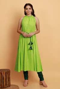 Set of 2:  Mint Green Halter Neck Sleeveless Kurta with Dark Green Cotton Churidar image 1