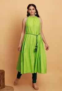 Set of 2:  Mint Green Halter Neck Sleeveless Kurta with Dark Green Cotton Churidar image 2