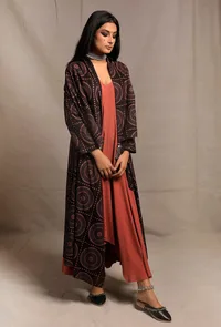 Set of 2: Black Front Open Asymmetrical Printed Shrug with Burnt Brick Sleeveless Asymmetrical Dress image 3