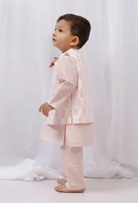 Set of 3: Orange Striped Cotton Kurta and Pajama with Orange Block Printed Nehru Jacket image 2