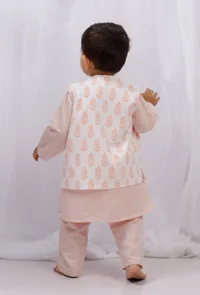 Set of 3: Orange Striped Cotton Kurta and Pajama with Orange Block Printed Nehru Jacket image 3