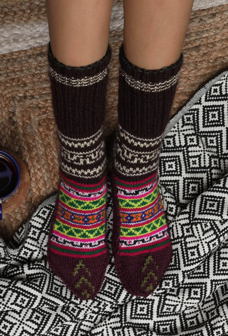 Brown & Multi Hand Knitted Woolen Winter Socks