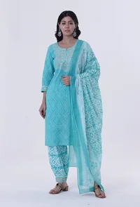 Set Of 3: Turquoise & White Cotton Block Printed Kurta, Pant & Dupatta image 1