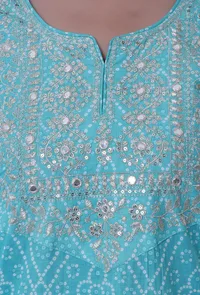 Set Of 3: Turquoise & White Cotton Block Printed Kurta, Pant & Dupatta image 6