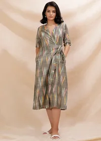 Army Green Wrap Around Cotton Ikkat Dress image 1