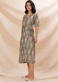 Army Green Wrap Around Cotton Ikkat Dress image 2