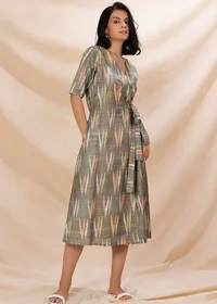 Army Green Wrap Around Cotton Ikkat Dress image 3