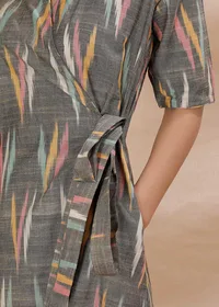 Army Green Wrap Around Cotton Ikkat Dress image 6