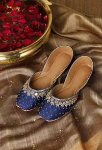 Blue Embroidered Silk Juttis image 1