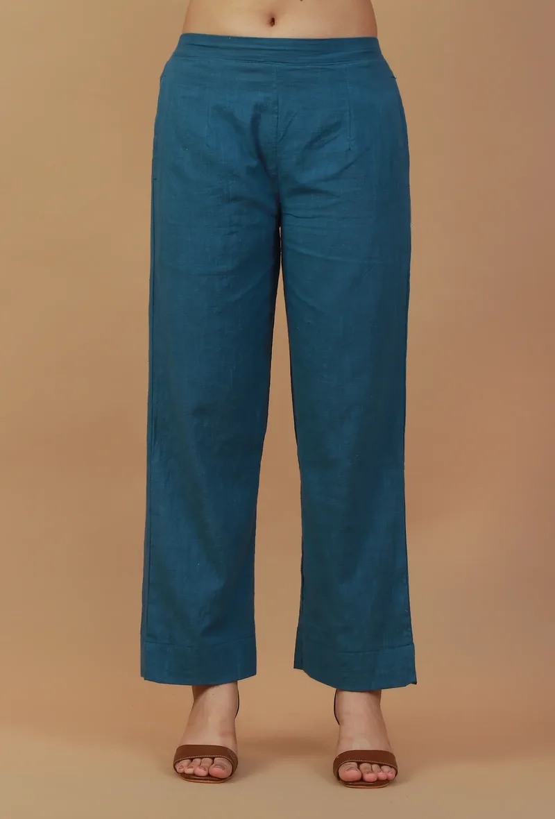 Solid Teal Blue Cotton Straight Pant