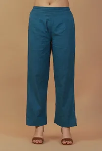 Solid Teal Blue Cotton Straight Pant image 1