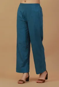 Solid Teal Blue Cotton Straight Pant image 2