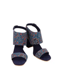 Royal Blue Ajrakh Cotton Strappy Block Heels In Suede image 1