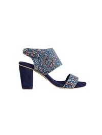 Royal Blue Ajrakh Cotton Strappy Block Heels In Suede image 2
