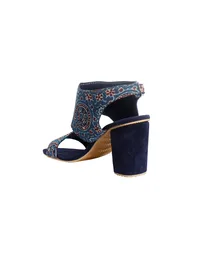 Royal Blue Ajrakh Cotton Strappy Block Heels In Suede image 3