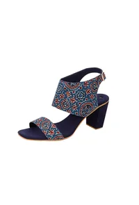 Royal Blue Ajrakh Cotton Strappy Block Heels In Suede image 4