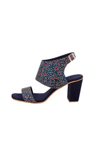 Royal Blue Ajrakh Cotton Strappy Block Heels In Suede image 5