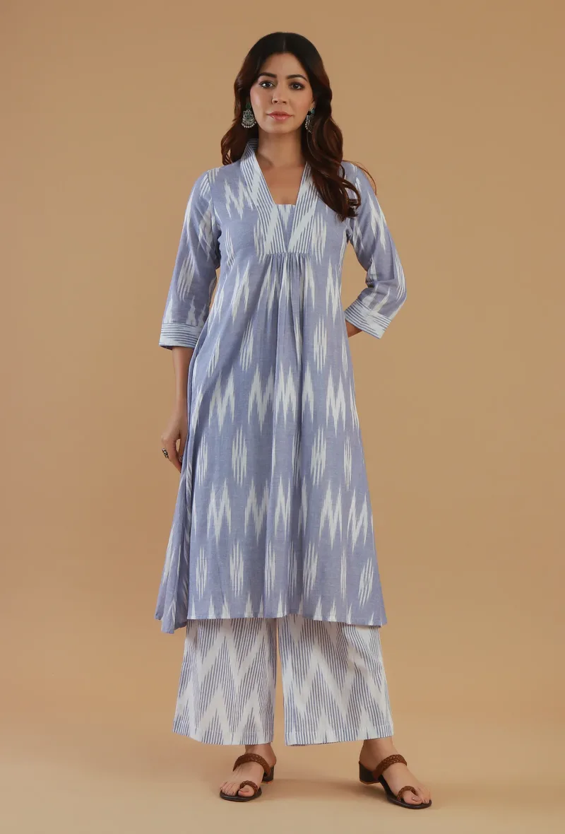 Set of 2: Blue Ikat Cotton Kurta & Pant Set