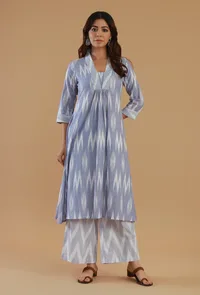 Set of 2: Blue Ikat Cotton Kurta & Pant Set image 1