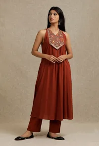 Set Of 2: Solid Rust Rayon V Neck Front Gather Kurta with Yoke Embroidery With Solid Rust Straight Fit Narrow Pants image 1