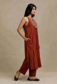Set Of 2: Solid Rust Rayon V Neck Front Gather Kurta with Yoke Embroidery With Solid Rust Straight Fit Narrow Pants image 2