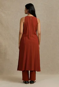 Set Of 2: Solid Rust Rayon V Neck Front Gather Kurta with Yoke Embroidery With Solid Rust Straight Fit Narrow Pants image 4