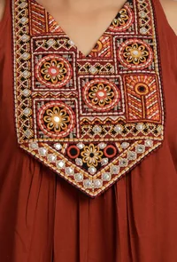 Set Of 2: Solid Rust Rayon V Neck Front Gather Kurta with Yoke Embroidery With Solid Rust Straight Fit Narrow Pants image 6