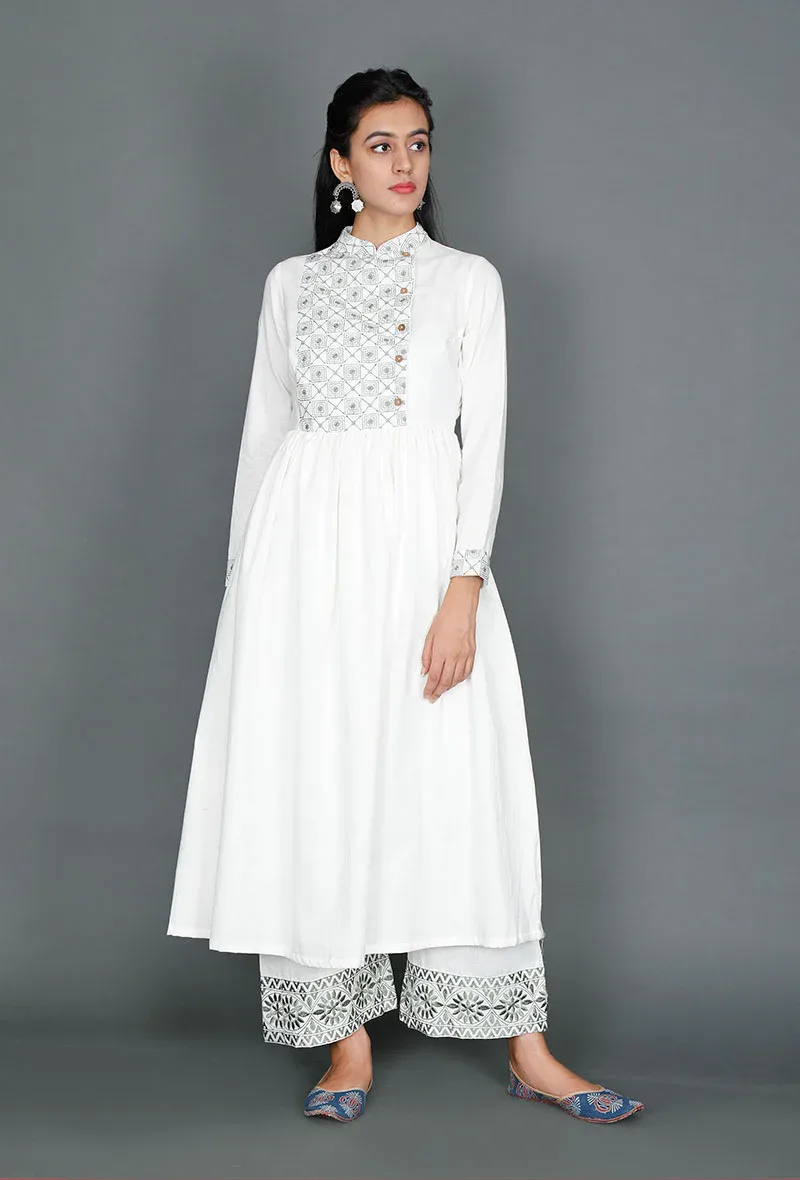 White Anarkali With Olive Green Kantha Embroidery