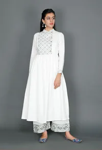 White Anarkali With Olive Green Kantha Embroidery image 1