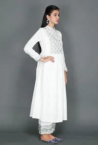 White Anarkali With Olive Green Kantha Embroidery image 2