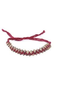 Set Of 2: Eti Maroon Thread & Antique Plated Brass Beaded Anklets image 2