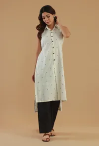 Off-White Printed Sleeveless Collared Button-Down Cotton Kurta image 1