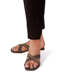 Sepia Grey Criss Cross Cruelty-Free leather Flats image 1