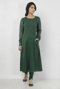 Set of 2: Irvin Plain Bottle Green Cotton A line Kurta with chooridaar kota sleeves and Plain Bottle Green Cotton Dhoti image 2