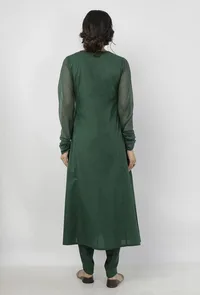 Set of 2: Irvin Plain Bottle Green Cotton A line Kurta with chooridaar kota sleeves and Plain Bottle Green Cotton Dhoti image 5