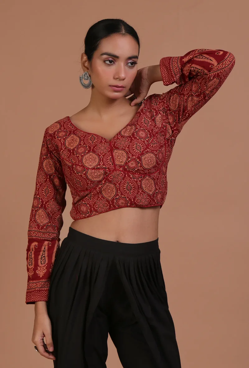 Maroon Cotton Ajrakh Printed Full Sleeve Blouse