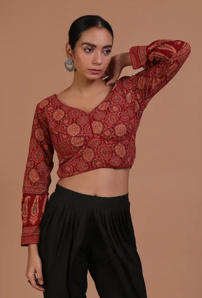Maroon Cotton Ajrakh Printed Full Sleeve Blouse