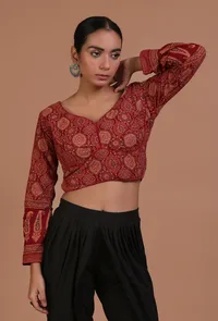 Maroon Cotton Ajrakh Printed Full Sleeve Blouse image 1